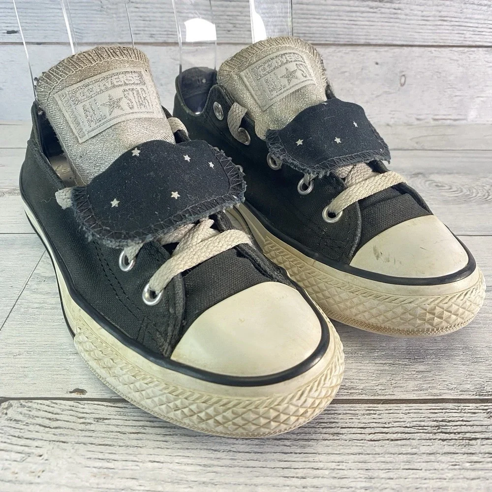 Converse Sneakers Youth 2 Black Canvas Double Tongue Tennis Shoe All Star Chuck